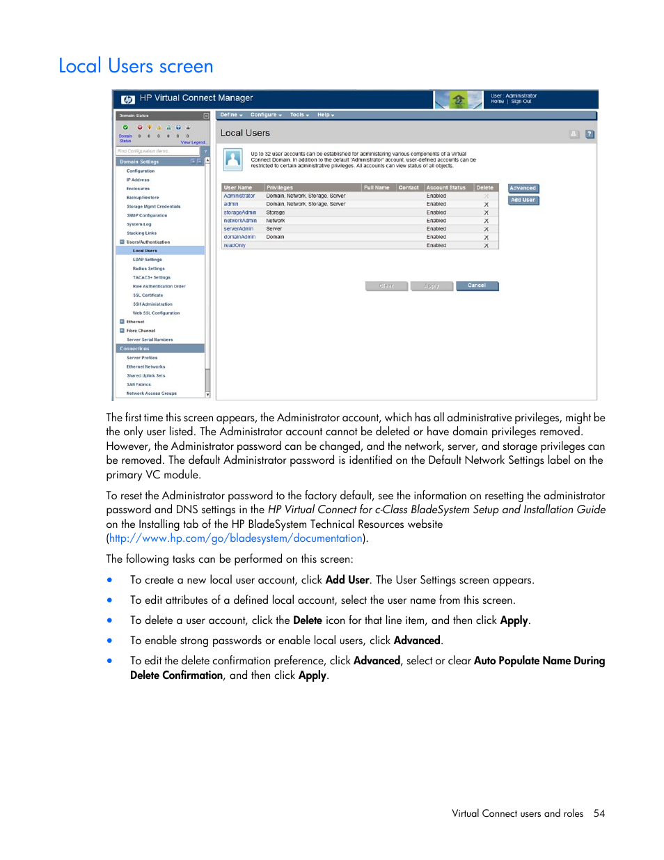 Local users screen | HP Virtual Connect 8Gb 20-port Fibre Channel Module for c-Class BladeSystem User Manual | Page 54 / 223