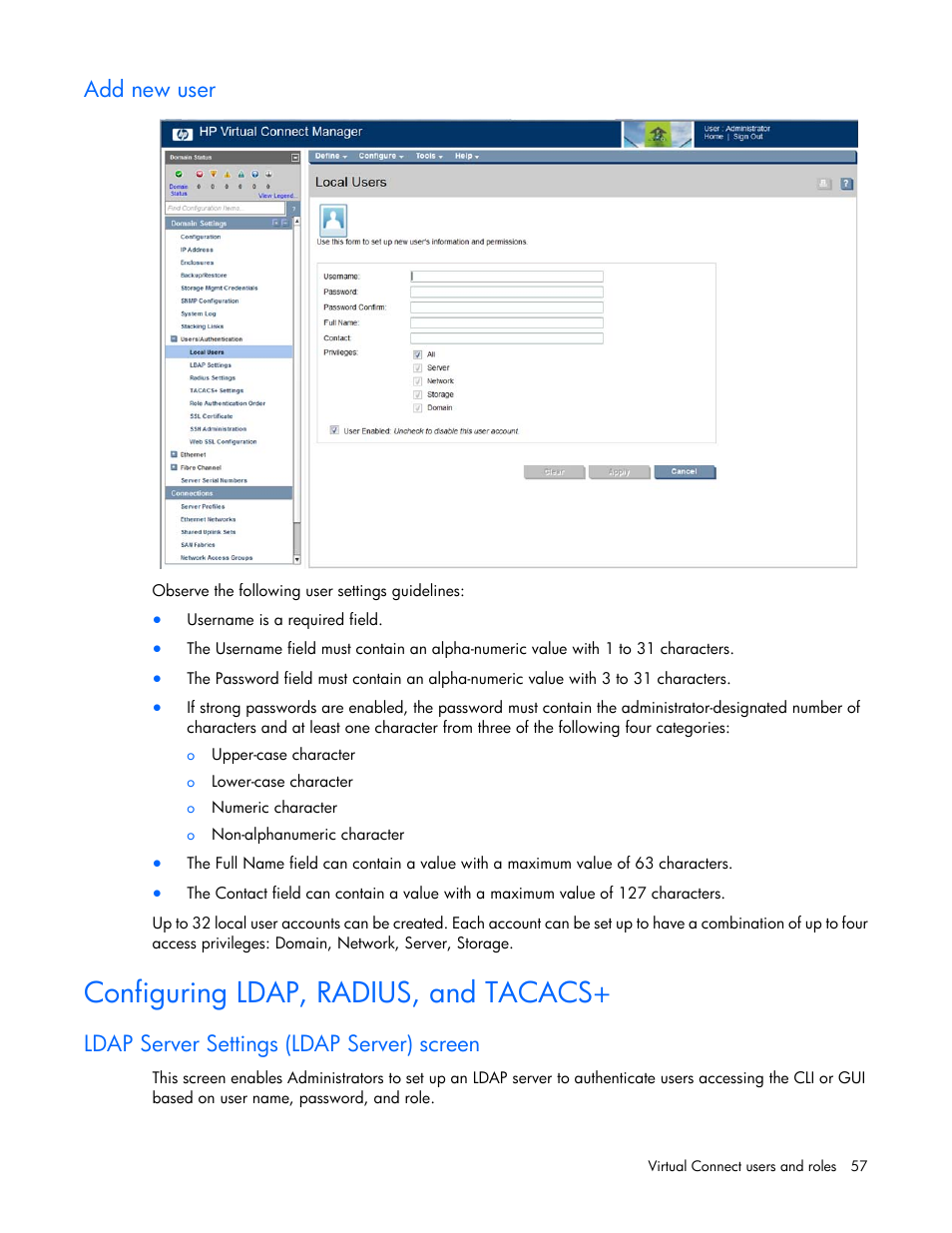 Add new user, Configuring ldap, radius, and tacacs, Ldap server settings (ldap server) screen | HP Virtual Connect 8Gb 20-port Fibre Channel Module for c-Class BladeSystem User Manual | Page 57 / 223