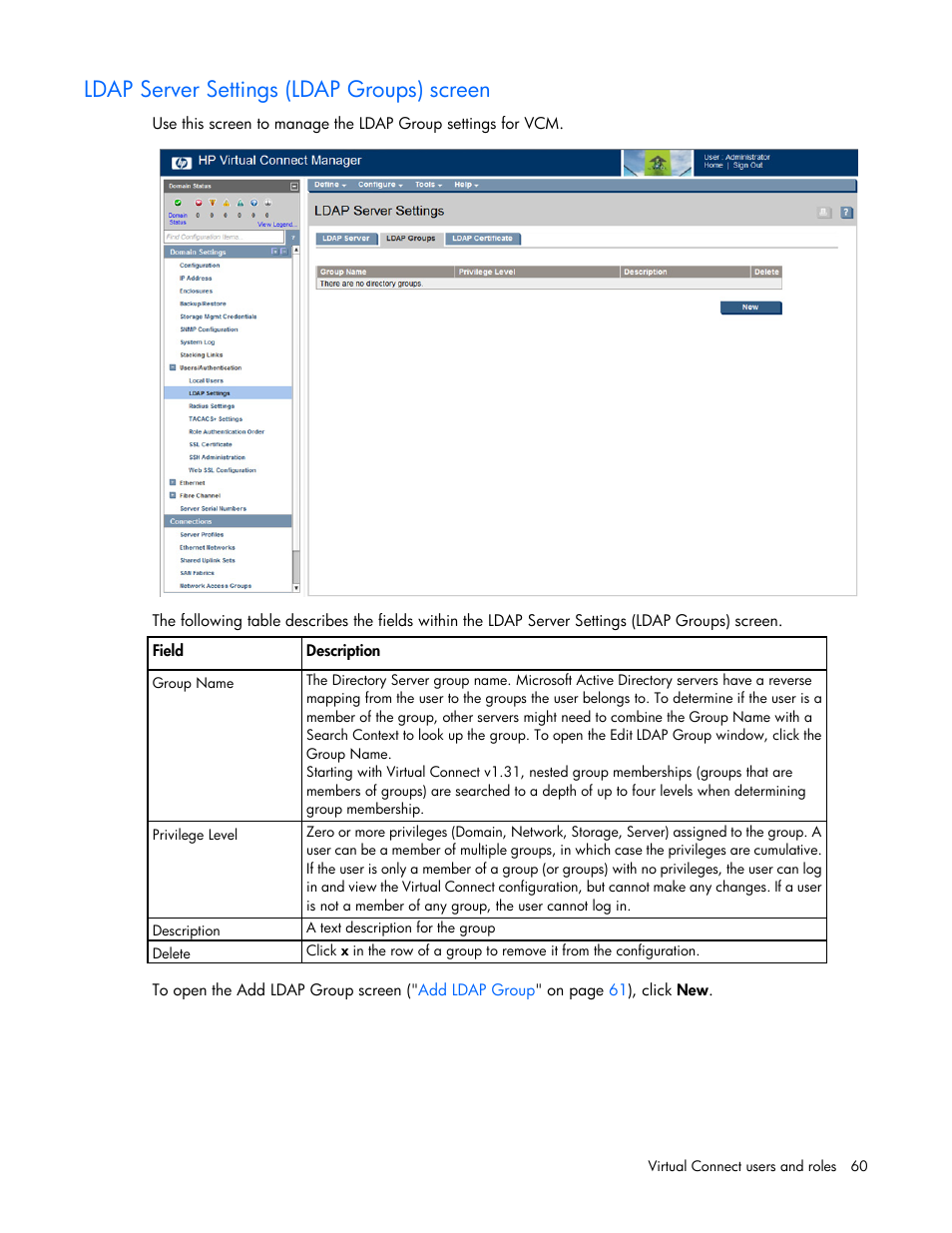 Ldap server settings (ldap groups) screen | HP Virtual Connect 8Gb 20-port Fibre Channel Module for c-Class BladeSystem User Manual | Page 60 / 223