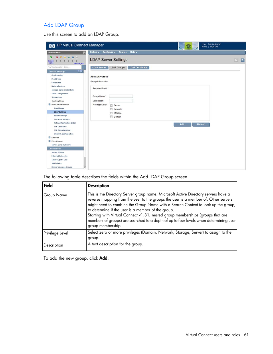 Add ldap group | HP Virtual Connect 8Gb 20-port Fibre Channel Module for c-Class BladeSystem User Manual | Page 61 / 223