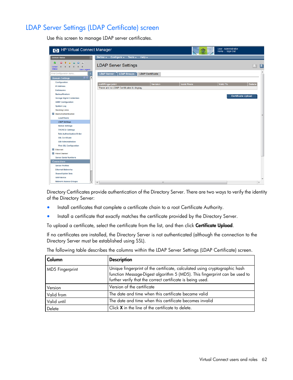 Ldap server settings (ldap certificate) screen | HP Virtual Connect 8Gb 20-port Fibre Channel Module for c-Class BladeSystem User Manual | Page 62 / 223