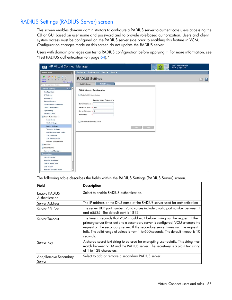 Radius settings (radius server) screen | HP Virtual Connect 8Gb 20-port Fibre Channel Module for c-Class BladeSystem User Manual | Page 63 / 223