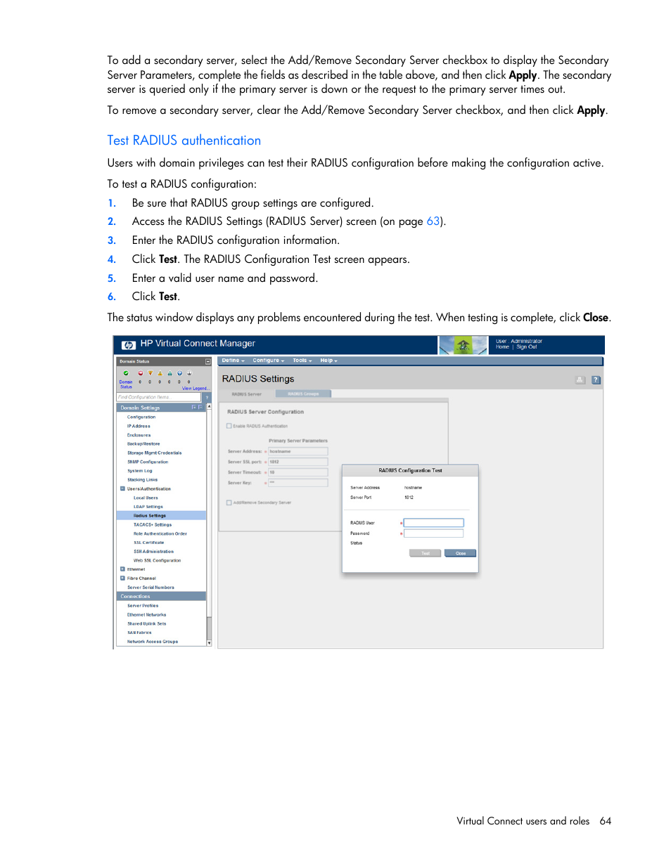 Test radius authentication | HP Virtual Connect 8Gb 20-port Fibre Channel Module for c-Class BladeSystem User Manual | Page 64 / 223