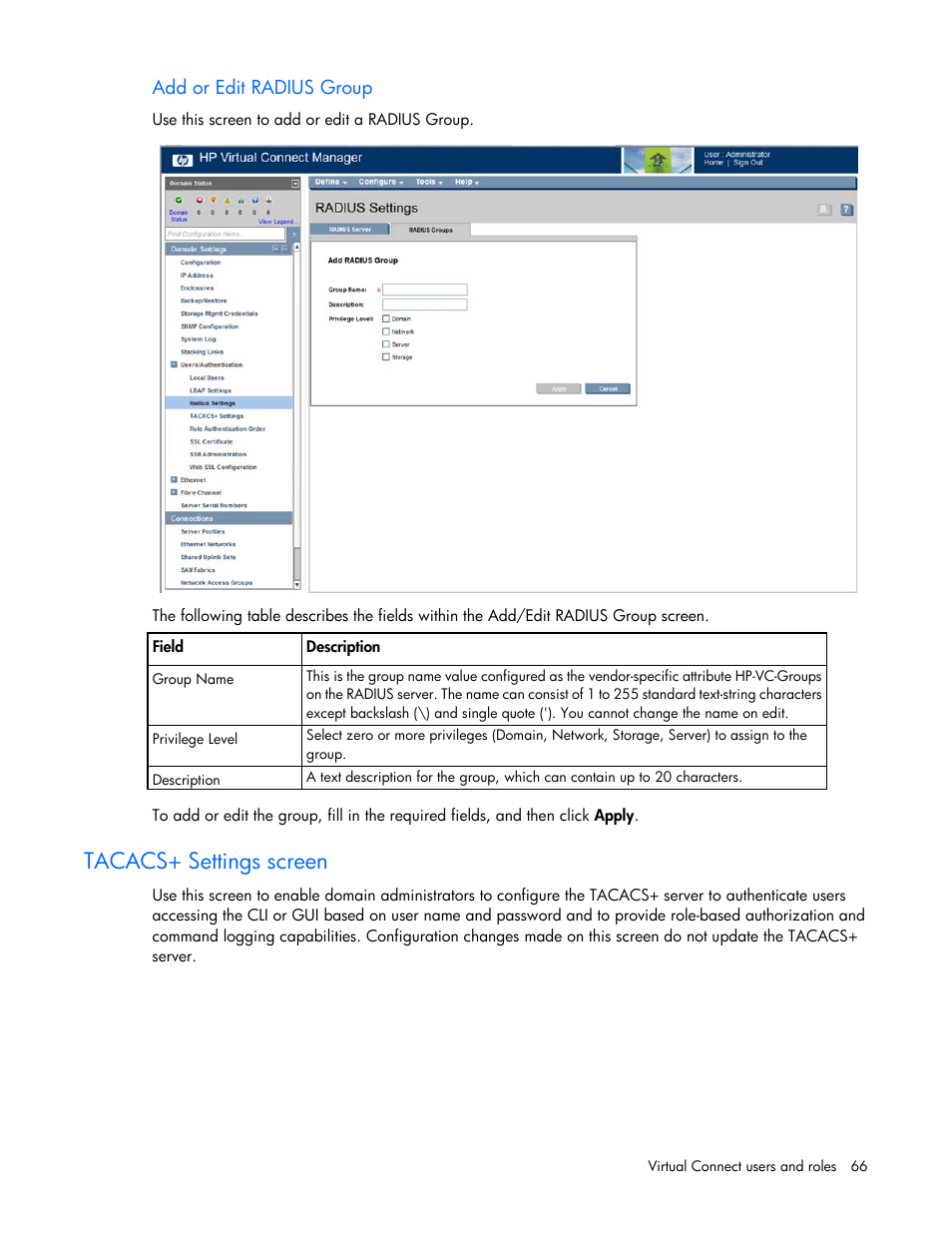 Add or edit radius group, Tacacs+ settings screen, Add or | Edit radius group | HP Virtual Connect 8Gb 20-port Fibre Channel Module for c-Class BladeSystem User Manual | Page 66 / 223