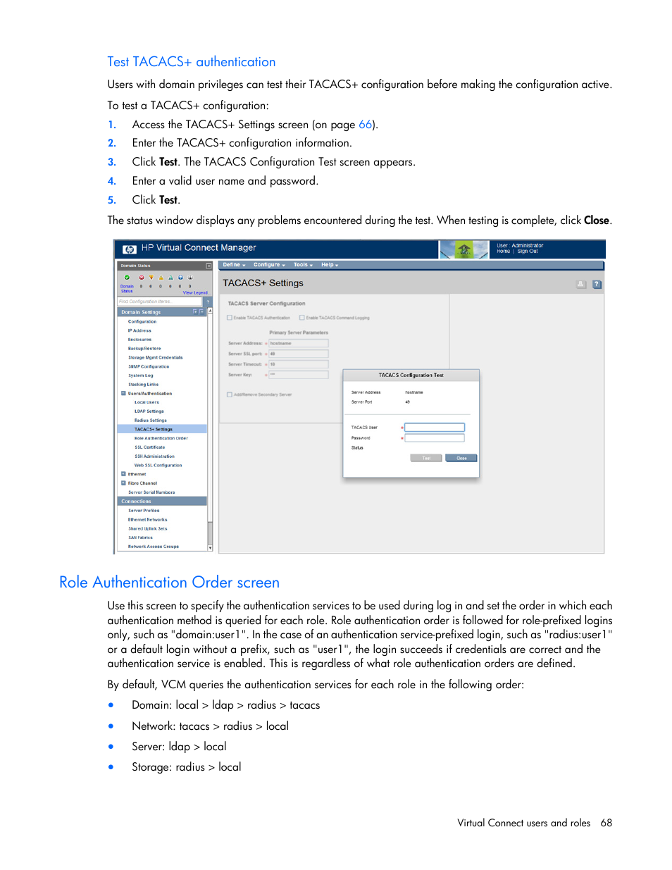 Test tacacs+ authentication, Role authentication order screen | HP Virtual Connect 8Gb 20-port Fibre Channel Module for c-Class BladeSystem User Manual | Page 68 / 223