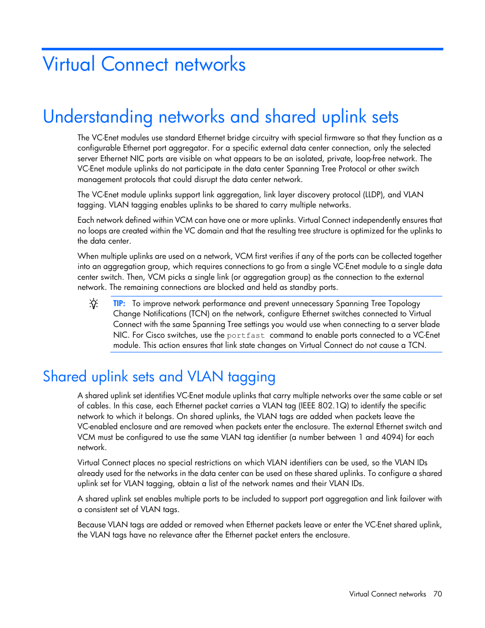 Virtual connect networks, Understanding networks and shared uplink sets, Shared uplink sets and vlan tagging | HP Virtual Connect 8Gb 20-port Fibre Channel Module for c-Class BladeSystem User Manual | Page 70 / 223
