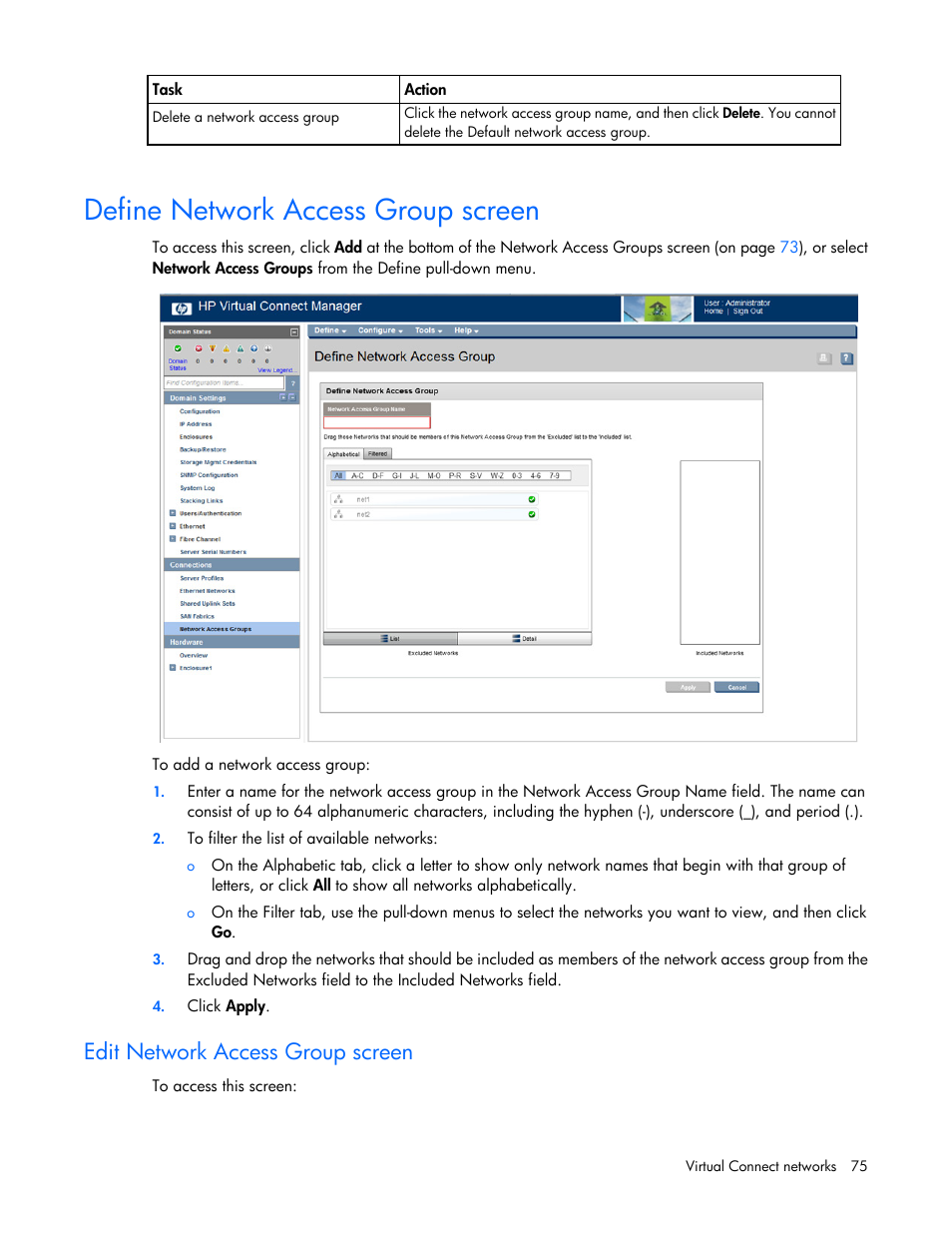 Define network access group screen, Edit network access group screen, Edit | Network access group screen | HP Virtual Connect 8Gb 20-port Fibre Channel Module for c-Class BladeSystem User Manual | Page 75 / 223