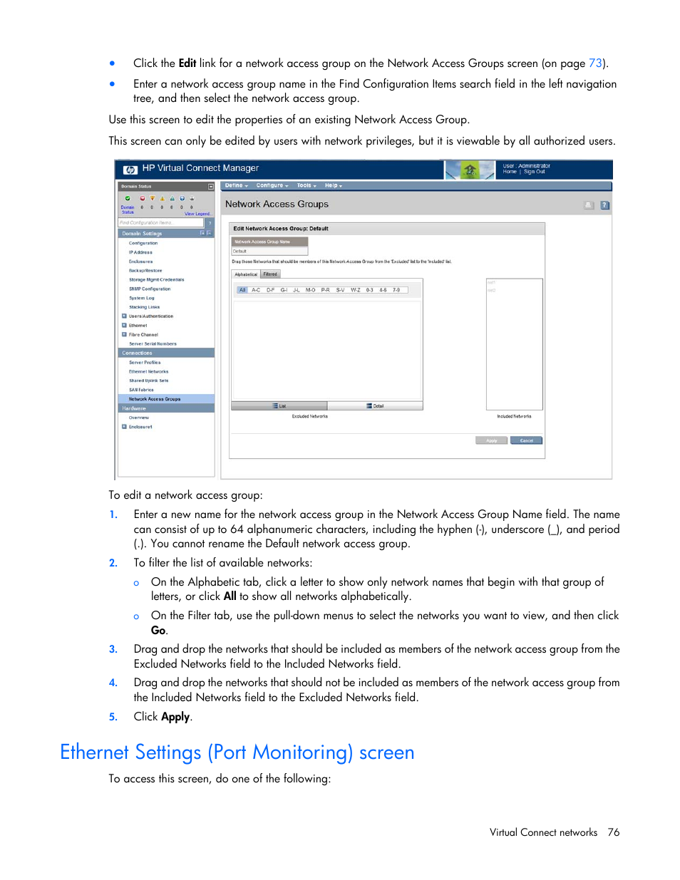 Ethernet settings (port monitoring) screen | HP Virtual Connect 8Gb 20-port Fibre Channel Module for c-Class BladeSystem User Manual | Page 76 / 223