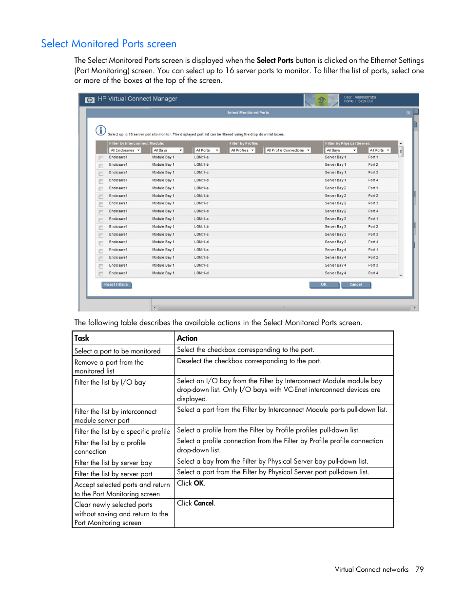Select monitored ports screen | HP Virtual Connect 8Gb 20-port Fibre Channel Module for c-Class BladeSystem User Manual | Page 79 / 223