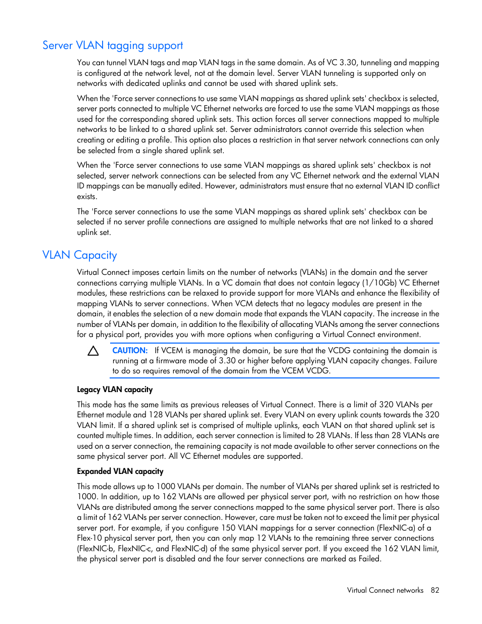 Server vlan tagging support, Vlan capacity | HP Virtual Connect 8Gb 20-port Fibre Channel Module for c-Class BladeSystem User Manual | Page 82 / 223