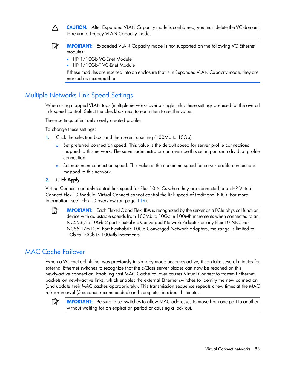 Multiple networks link speed settings, Mac cache failover | HP Virtual Connect 8Gb 20-port Fibre Channel Module for c-Class BladeSystem User Manual | Page 83 / 223