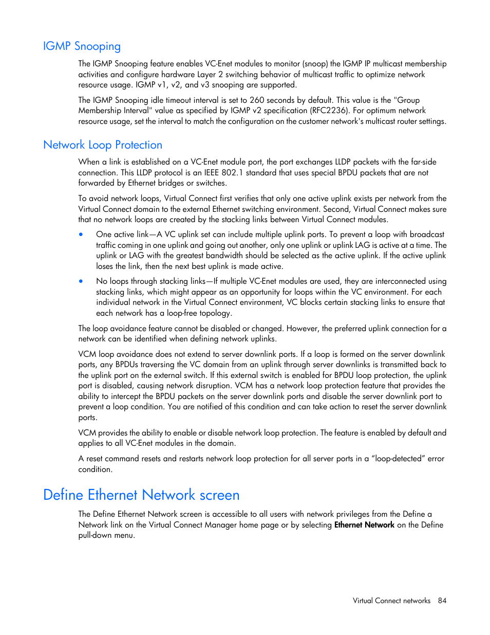 Igmp snooping, Network loop protection, Define ethernet network screen | HP Virtual Connect 8Gb 20-port Fibre Channel Module for c-Class BladeSystem User Manual | Page 84 / 223