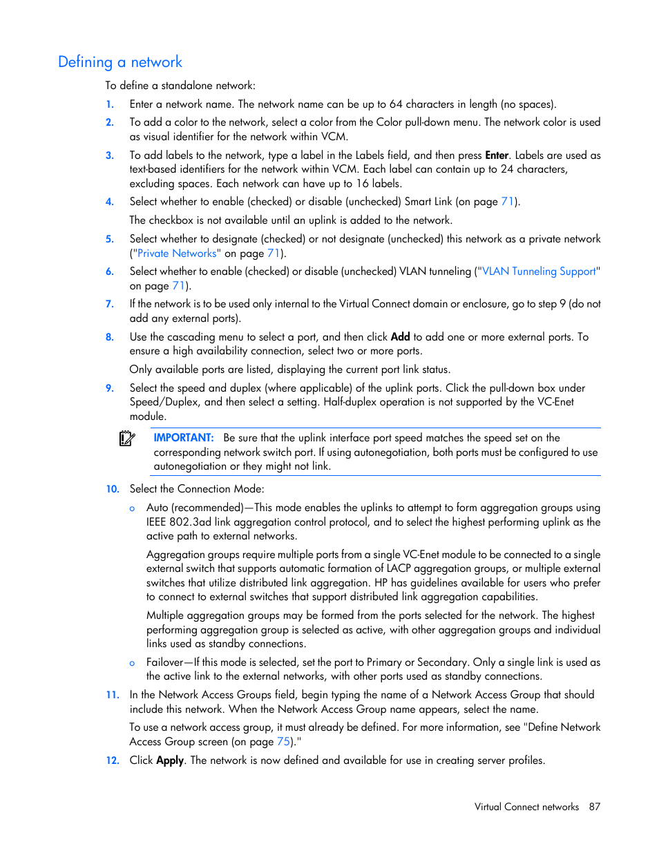 Defining a network | HP Virtual Connect 8Gb 20-port Fibre Channel Module for c-Class BladeSystem User Manual | Page 87 / 223