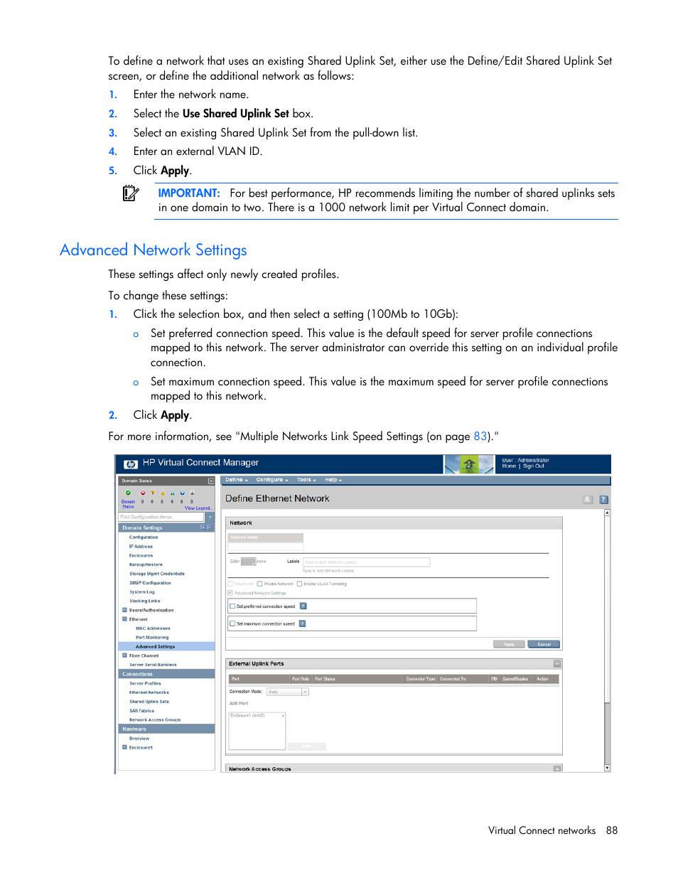 Advanced network settings | HP Virtual Connect 8Gb 20-port Fibre Channel Module for c-Class BladeSystem User Manual | Page 88 / 223