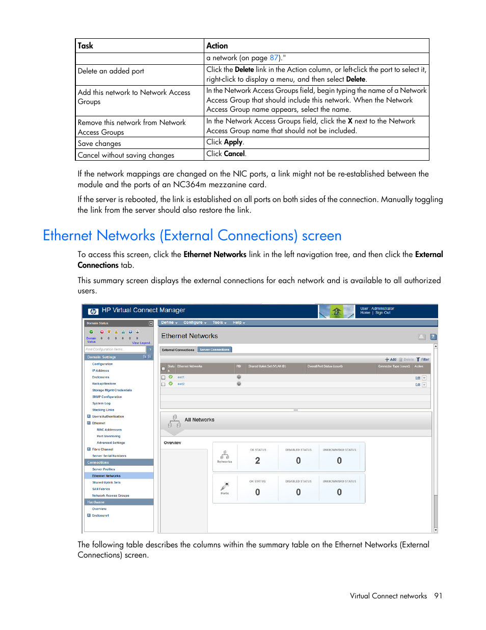 Ethernet networks (external connections) screen | HP Virtual Connect 8Gb 20-port Fibre Channel Module for c-Class BladeSystem User Manual | Page 91 / 223