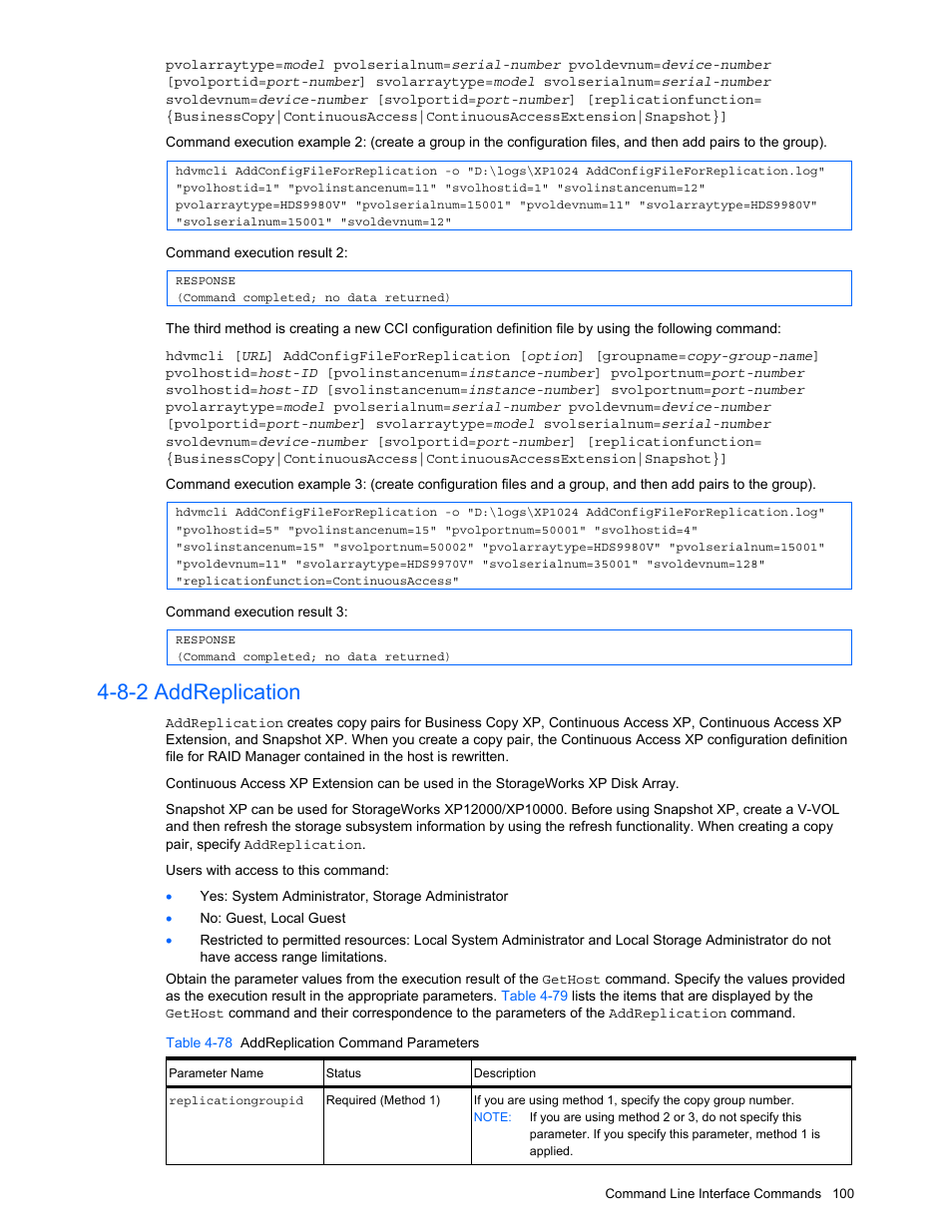 8-2 addreplication, Addreplication, Table 4-78 addreplication command parameters | HP StorageWorks XP10000 Disk Array User Manual | Page 100 / 118