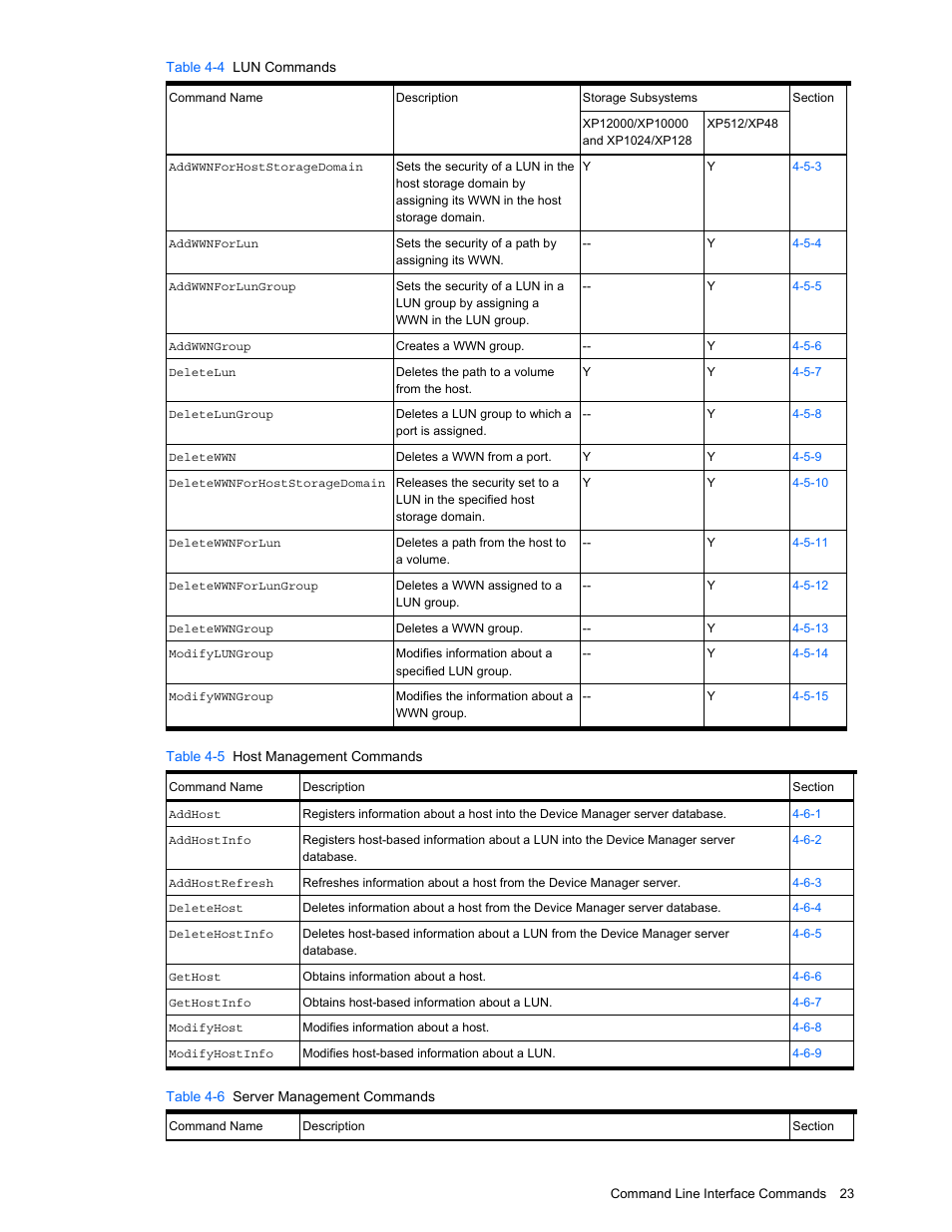 Table 4-5 host management commands, Table 4-6 server management commands | HP StorageWorks XP10000 Disk Array User Manual | Page 23 / 118