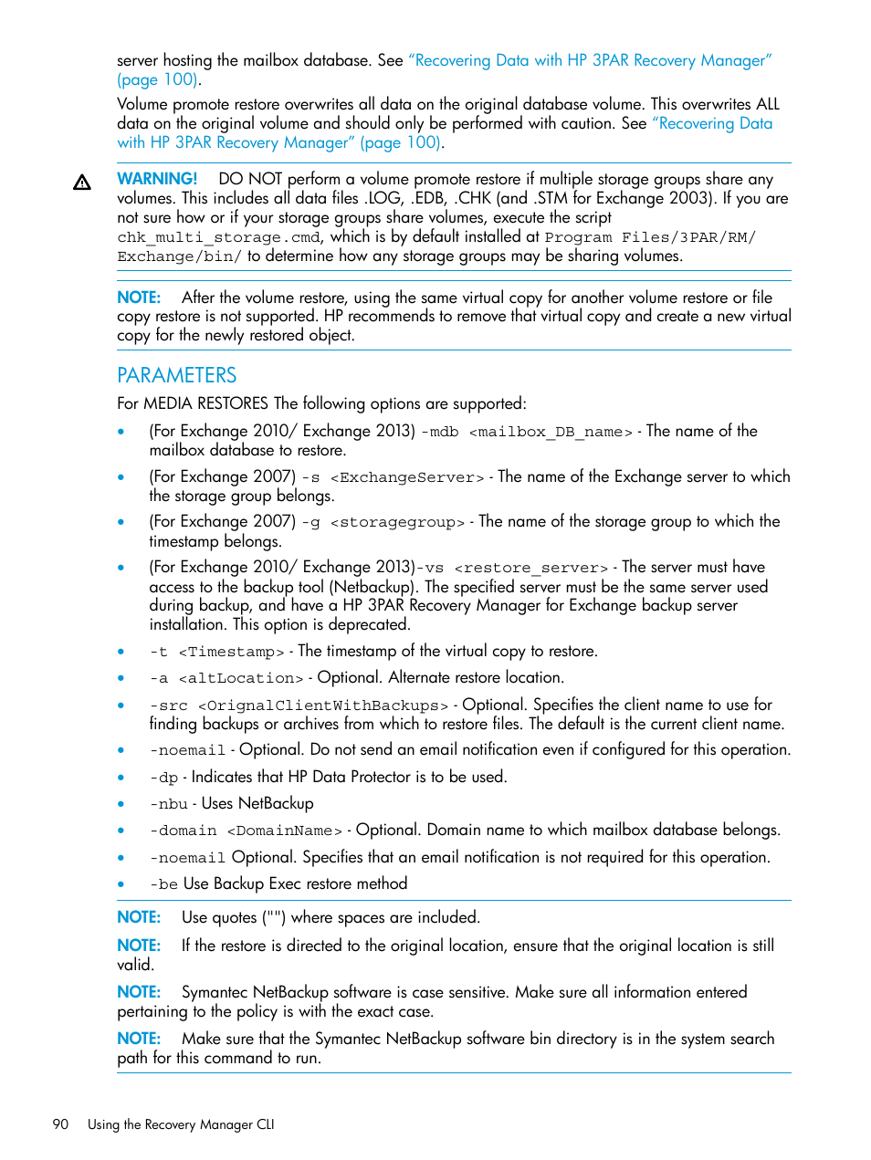 Parameters | HP 3PAR Application Software Suite for Microsoft Exchange User Manual | Page 90 / 168