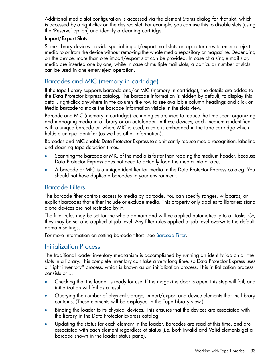 Barcode filters, Initialization process | HP Data Protector Express Basic-Software User Manual | Page 33 / 83