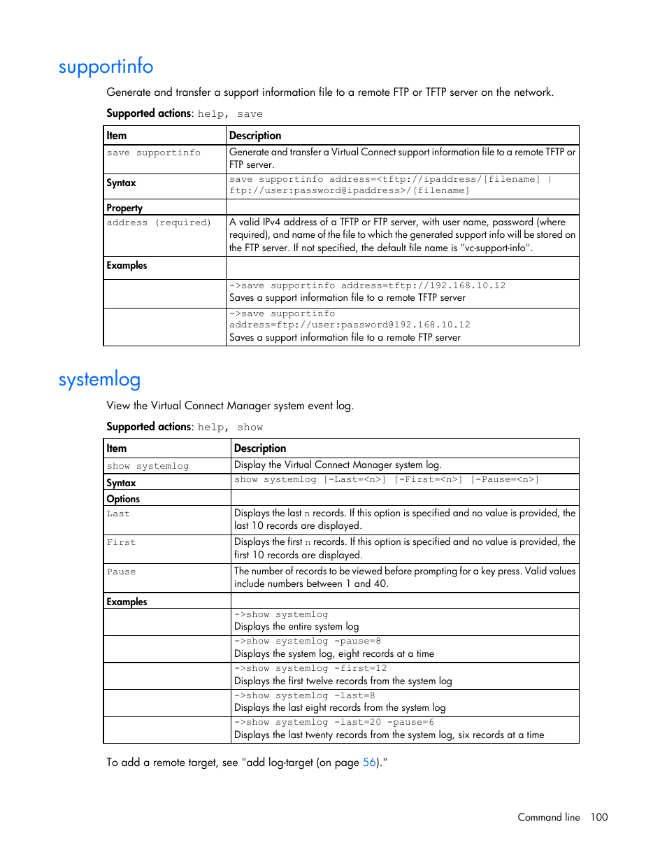 Supportinfo, Systemlog | HP Virtual Connect 4Gb Fibre Channel Module for c-Class BladeSystem User Manual | Page 100 / 172