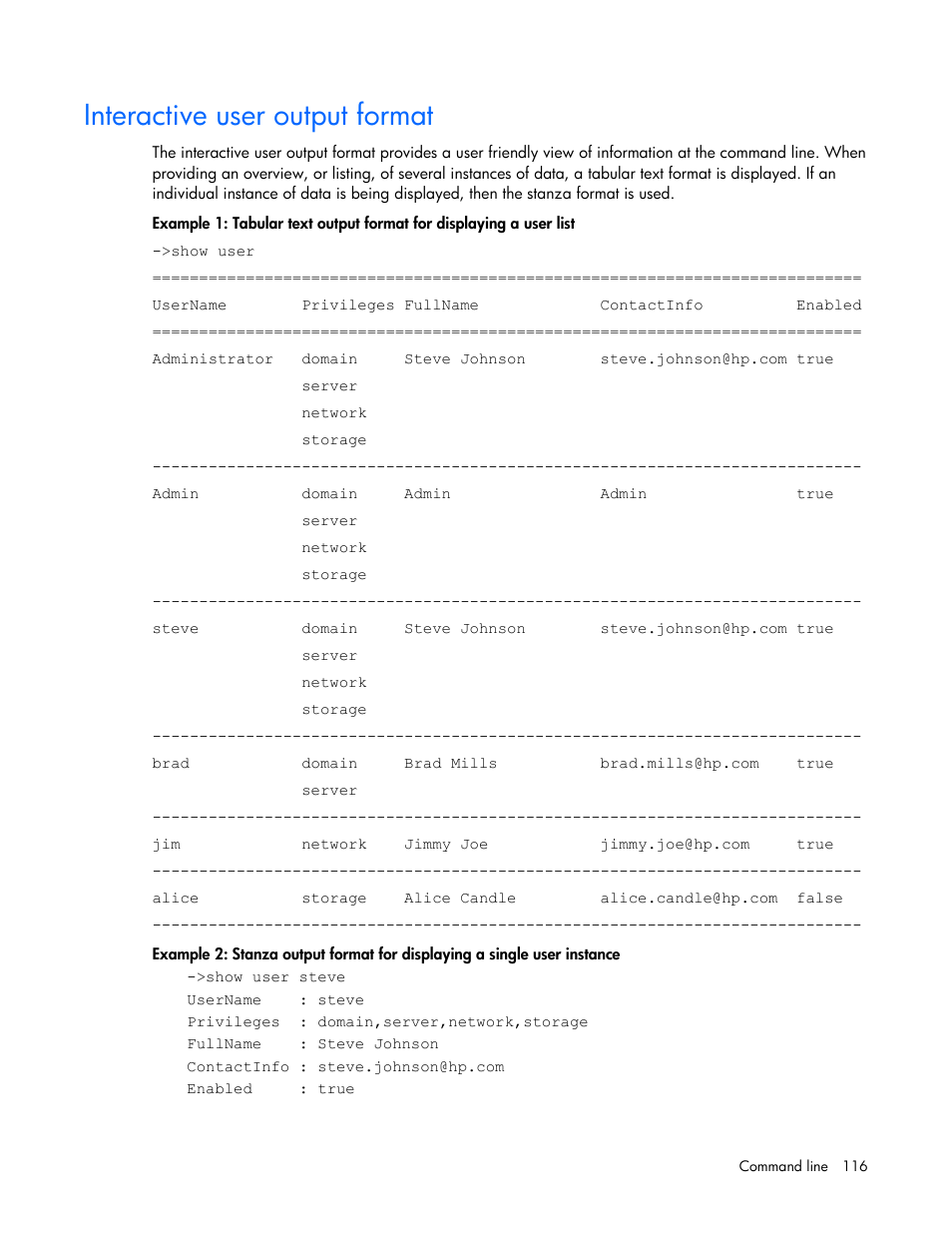 Interactive user output format | HP Virtual Connect 4Gb Fibre Channel Module for c-Class BladeSystem User Manual | Page 116 / 172