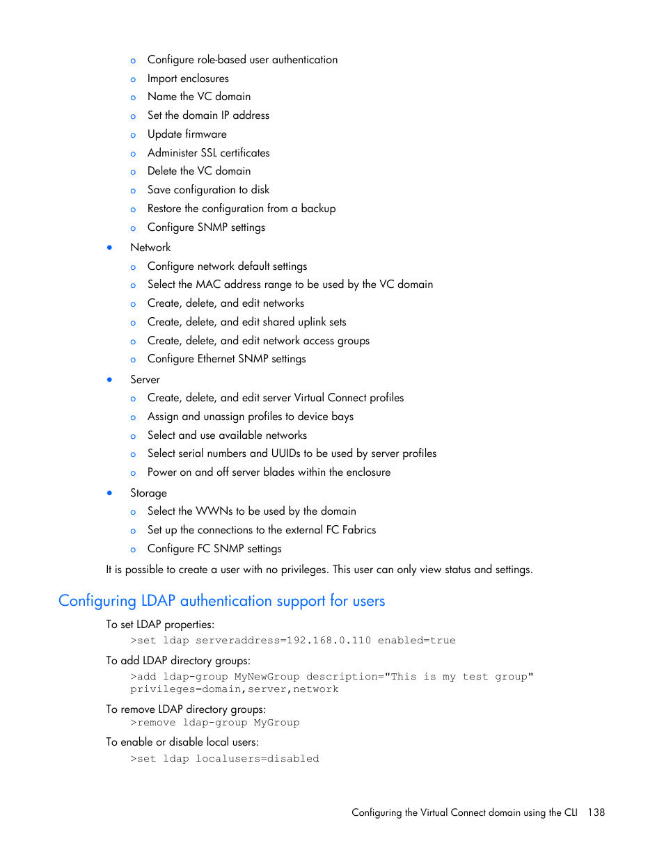 Configuring ldap authentication support for users | HP Virtual Connect 4Gb Fibre Channel Module for c-Class BladeSystem User Manual | Page 138 / 172