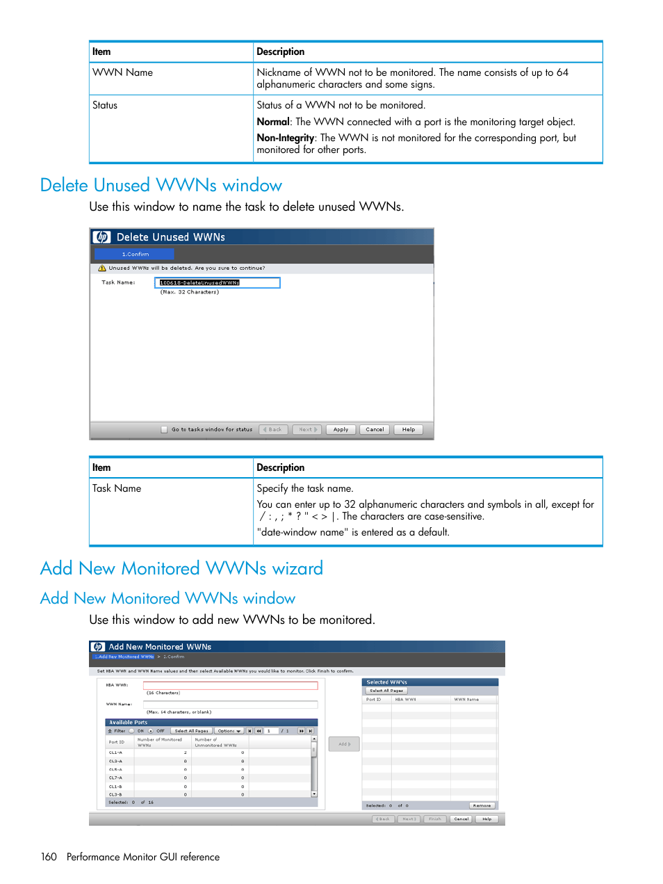 Delete unused wwns window, Add new monitored wwns wizard, Add new monitored wwns window | HP XP P9000 for Compatible High Perf FICON Connectivity Software User Manual | Page 160 / 205