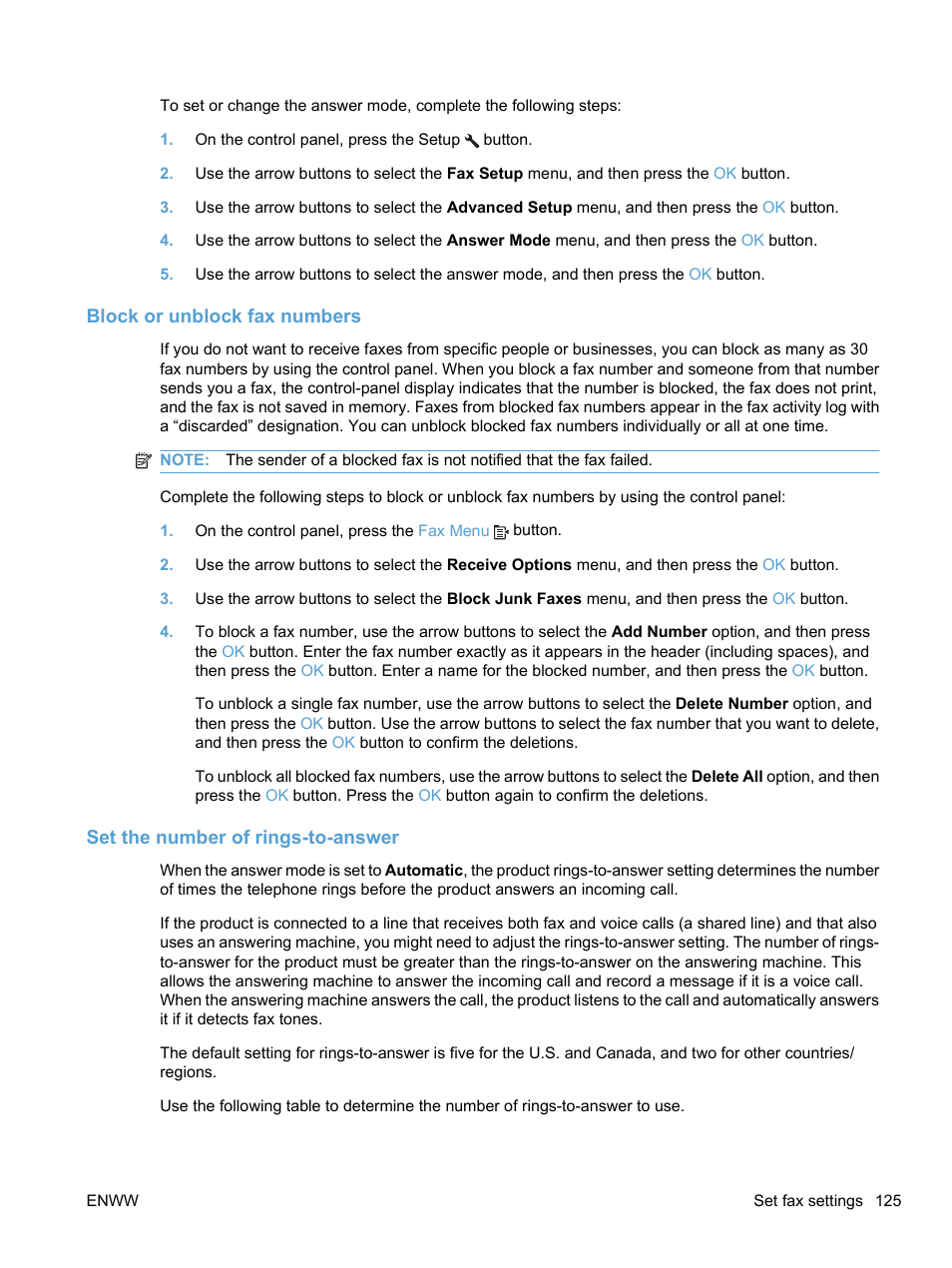 Block or unblock fax numbers, Set the number of rings-to-answer | HP LaserJet Pro M1536dnf MFP SERIES User Manual | Page 139 / 286