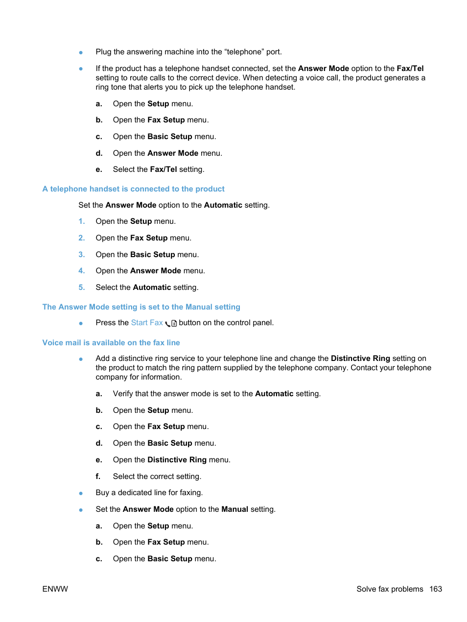 A telephone handset is connected to the product, Voice mail is available on the fax line | HP LaserJet Pro M1536dnf MFP SERIES User Manual | Page 177 / 286