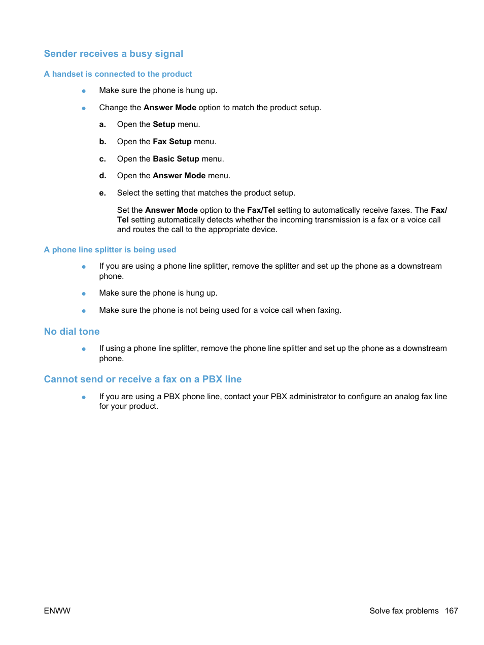 Sender receives a busy signal, A handset is connected to the product, A phone line splitter is being used | No dial tone, Cannot send or receive a fax on a pbx line | HP LaserJet Pro M1536dnf MFP SERIES User Manual | Page 181 / 286