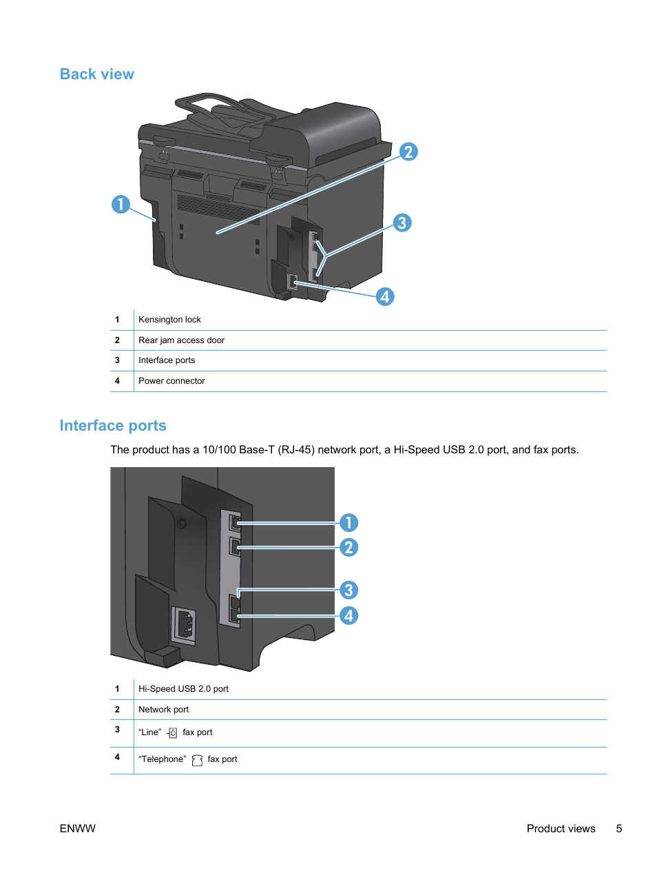 Back view, Interface ports, Back view interface ports | Back view 2 1 3 4 | HP LaserJet Pro M1536dnf MFP SERIES User Manual | Page 19 / 286