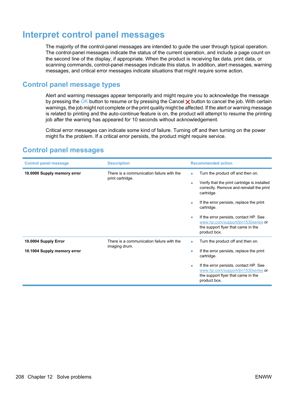 Interpret control panel messages, Control panel message types, Control panel messages | Control panel message types control panel messages | HP LaserJet Pro M1536dnf MFP SERIES User Manual | Page 222 / 286