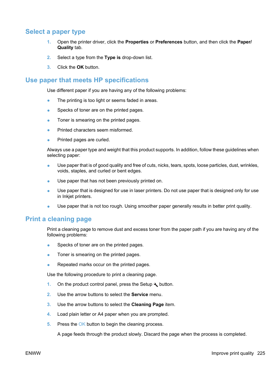 Select a paper type, Use paper that meets hp specifications, Print a cleaning page | HP LaserJet Pro M1536dnf MFP SERIES User Manual | Page 239 / 286