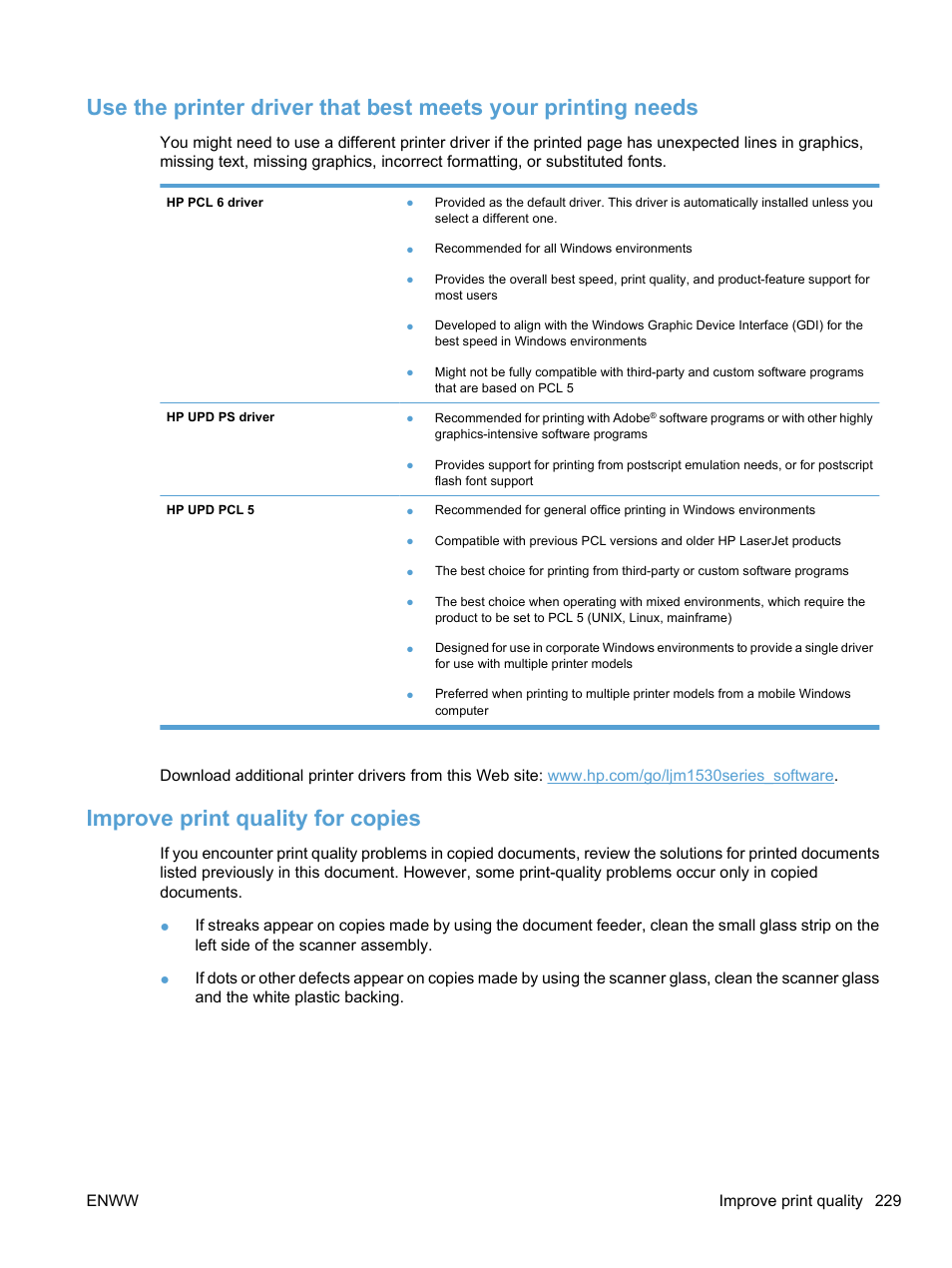 Improve print quality for copies | HP LaserJet Pro M1536dnf MFP SERIES User Manual | Page 243 / 286