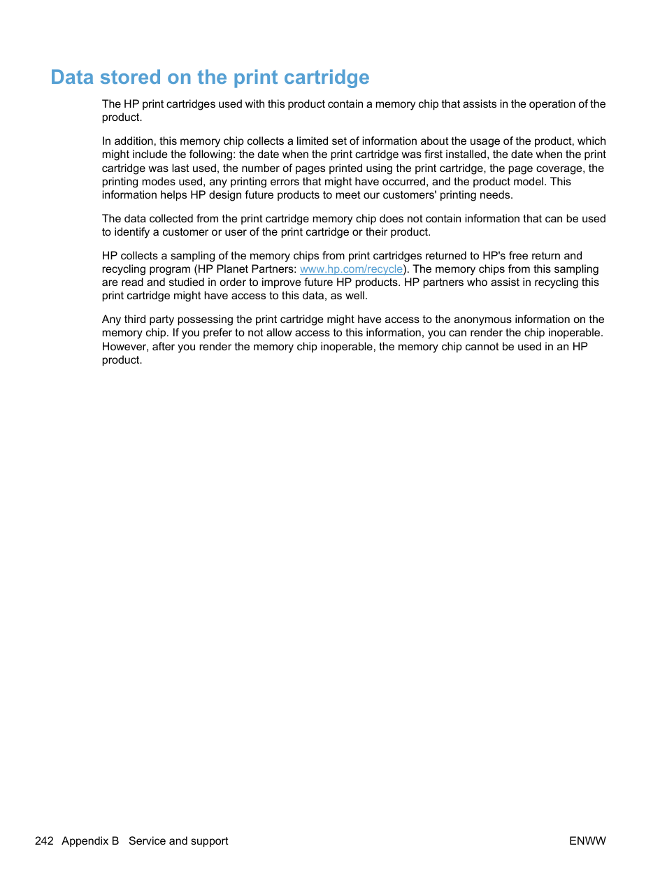 Data stored on the print cartridge | HP LaserJet Pro M1536dnf MFP SERIES User Manual | Page 256 / 286