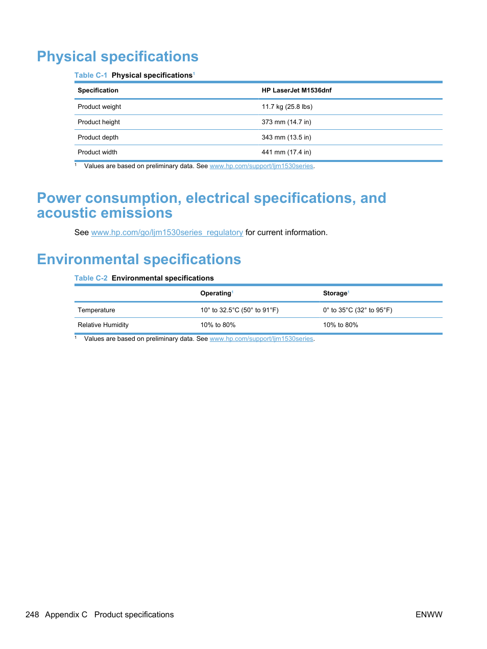 Physical specifications, Environmental specifications | HP LaserJet Pro M1536dnf MFP SERIES User Manual | Page 262 / 286