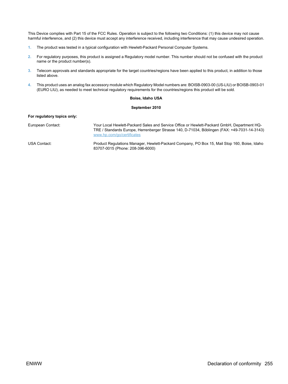 Enww declaration of conformity 255 | HP LaserJet Pro M1536dnf MFP SERIES User Manual | Page 269 / 286