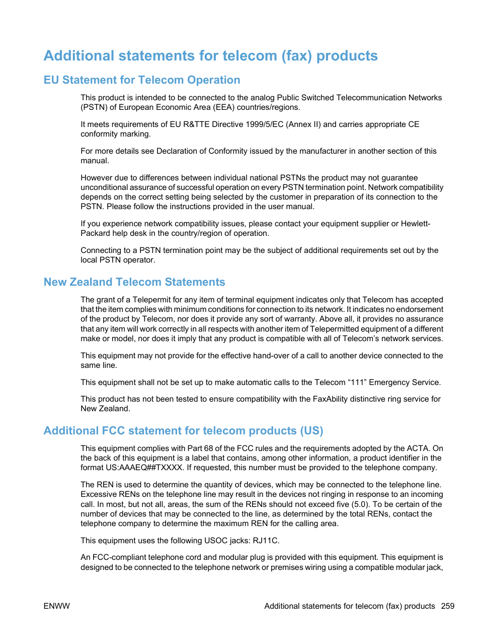 Additional statements for telecom (fax) products, Eu statement for telecom operation, New zealand telecom statements | Additional fcc statement for telecom products (us) | HP LaserJet Pro M1536dnf MFP SERIES User Manual | Page 273 / 286