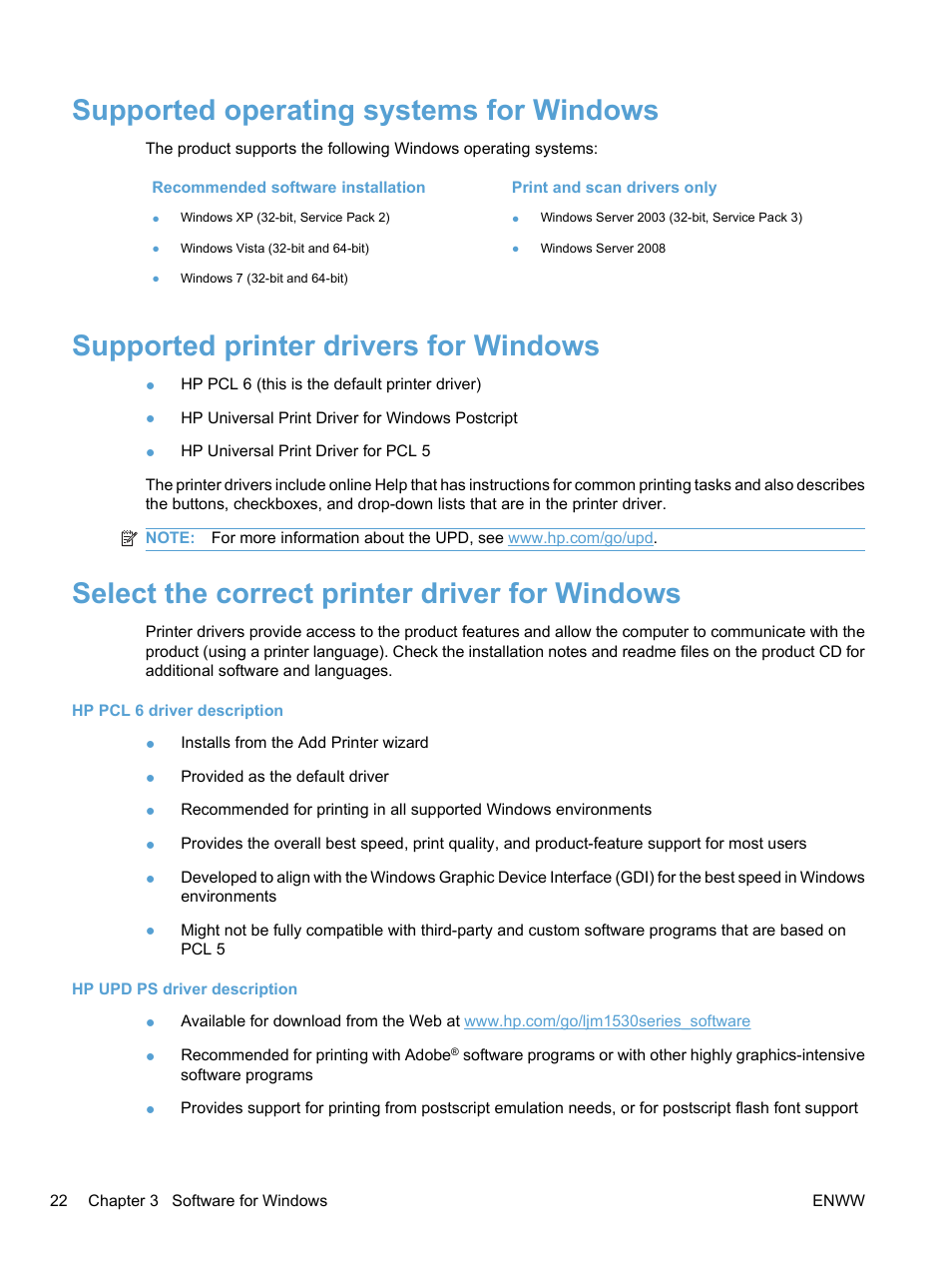 Supported operating systems for windows, Supported printer drivers for windows, Select the correct printer driver for windows | HP LaserJet Pro M1536dnf MFP SERIES User Manual | Page 36 / 286