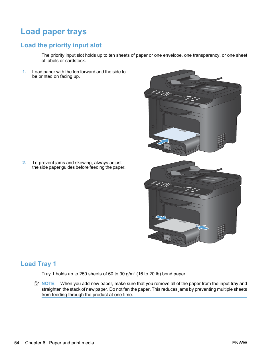 Load paper trays, Load the priority input slot, Load tray 1 | Load the priority input slot load tray 1 | HP LaserJet Pro M1536dnf MFP SERIES User Manual | Page 68 / 286