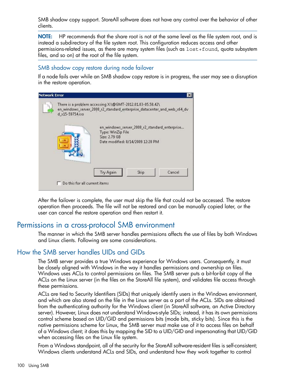 Permissions in a cross-protocol smb environment, How the smb server handles uids and gids | HP StoreAll Storage User Manual | Page 100 / 294