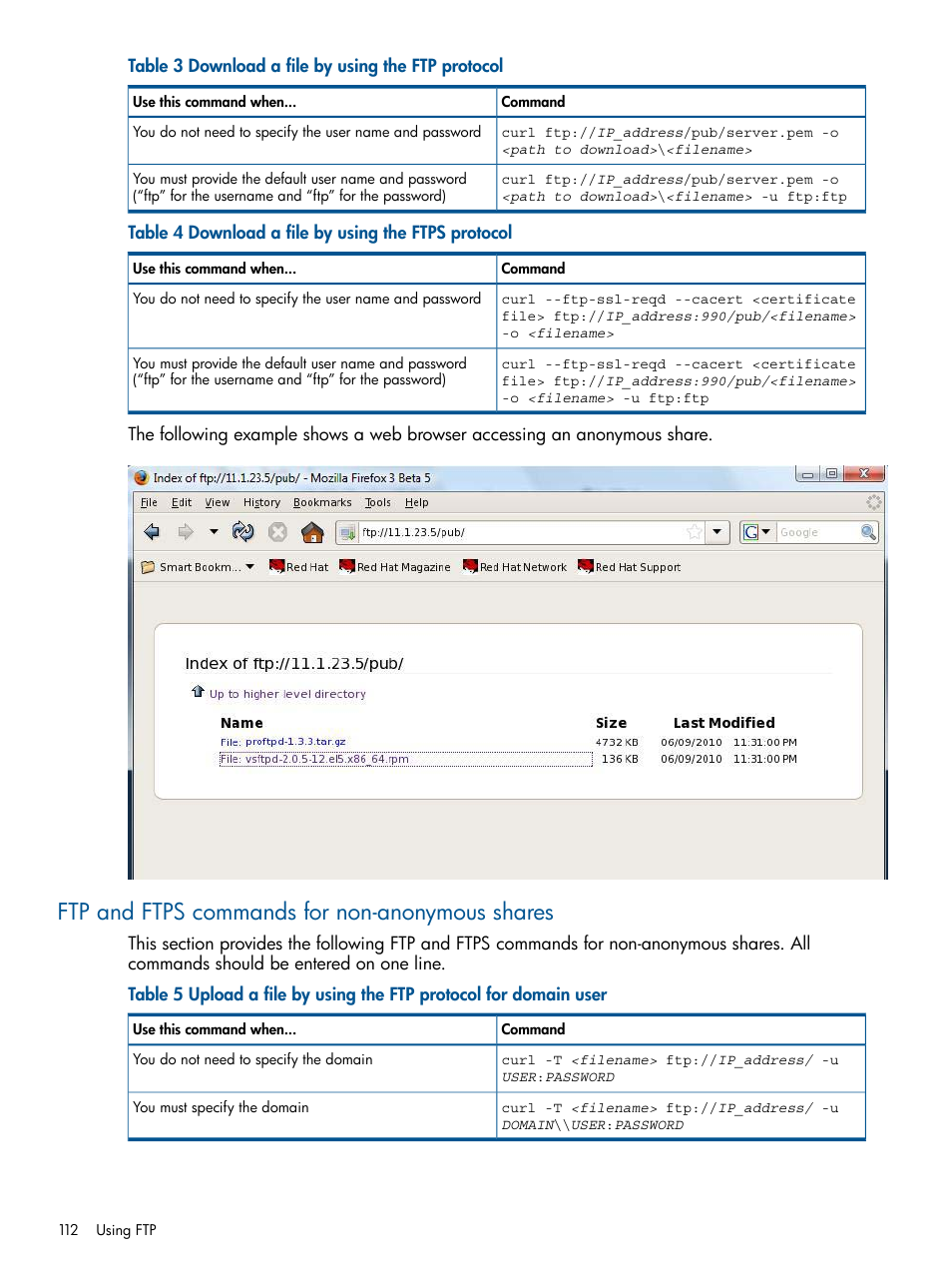 Ftp and ftps commands for non-anonymous shares | HP StoreAll Storage User Manual | Page 112 / 294