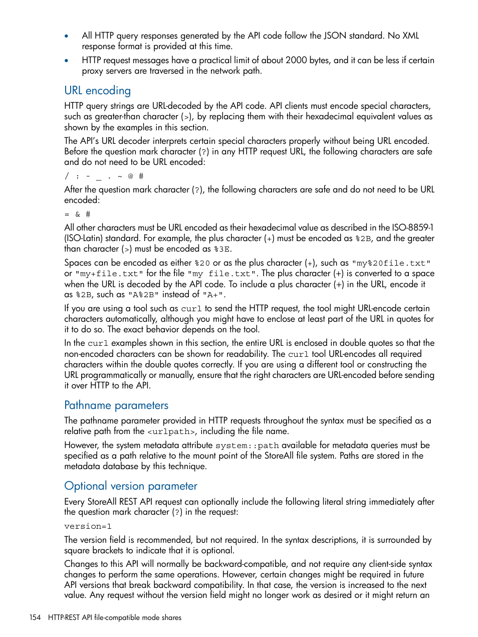 Url encoding, Pathname parameters, Optional version parameter | HP StoreAll Storage User Manual | Page 154 / 294