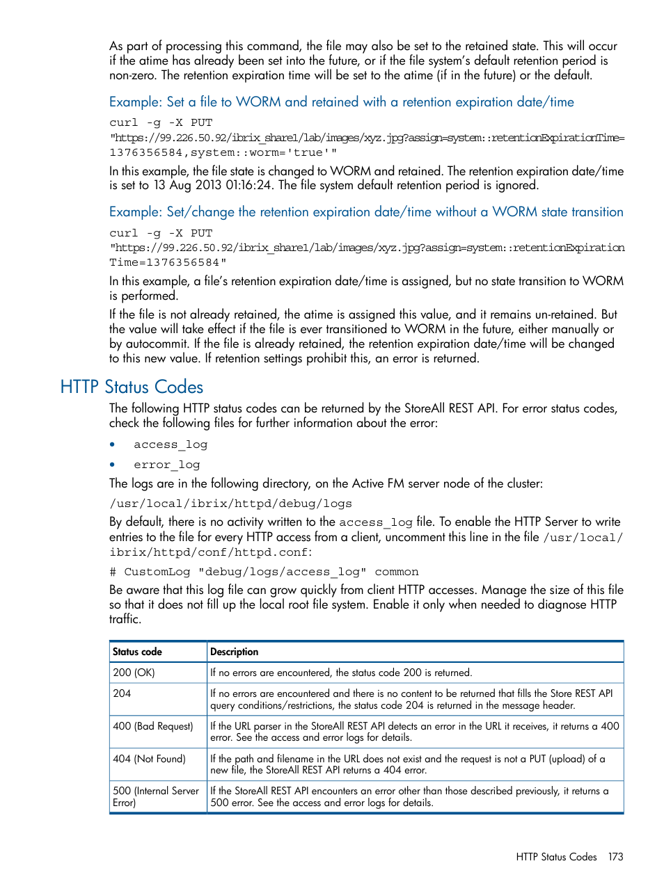 Http status codes | HP StoreAll Storage User Manual | Page 173 / 294