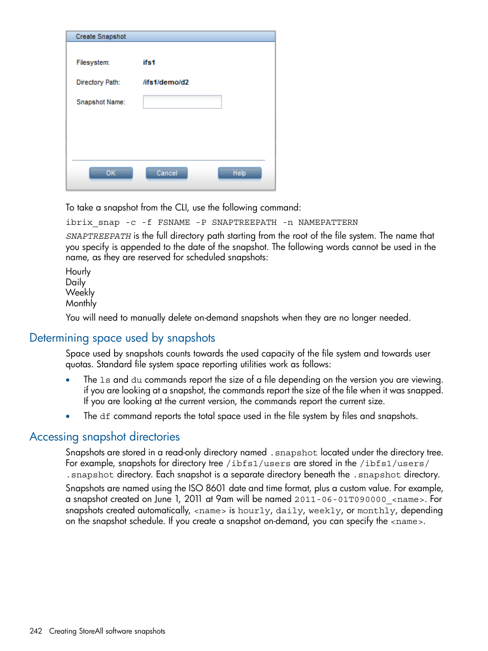 Determining space used by snapshots, Accessing snapshot directories | HP StoreAll Storage User Manual | Page 242 / 294