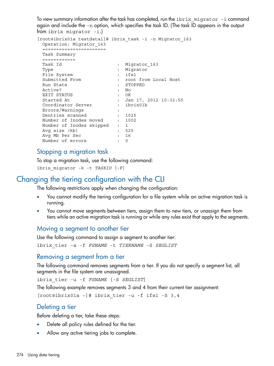 Changing the tiering configuration with the cli, Stopping a migration task, Moving a segment to another tier | Removing a segment from a tier, Deleting a tier | HP StoreAll Storage User Manual | Page 274 / 294