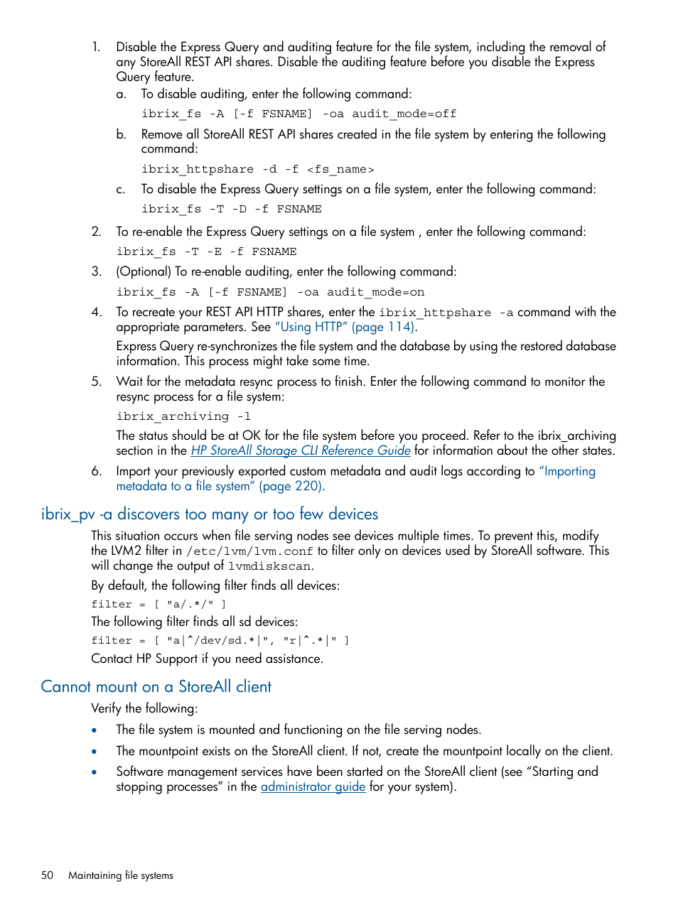 Ibrix_pv -a discovers too many or too few devices, Cannot mount on a storeall client | HP StoreAll Storage User Manual | Page 50 / 294