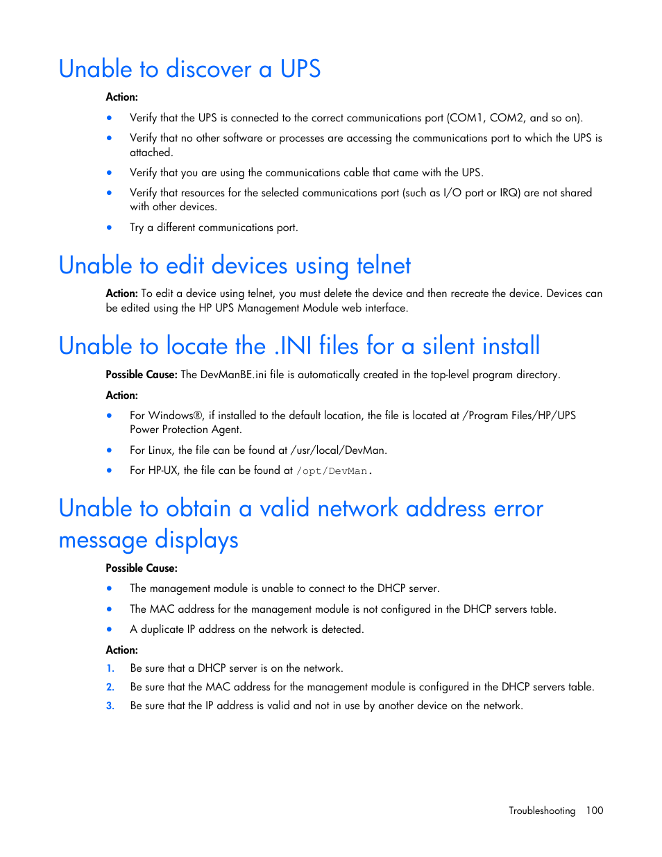 Unable to discover a ups, Unable to edit devices using telnet | HP UPS Management Modules User Manual | Page 100 / 133
