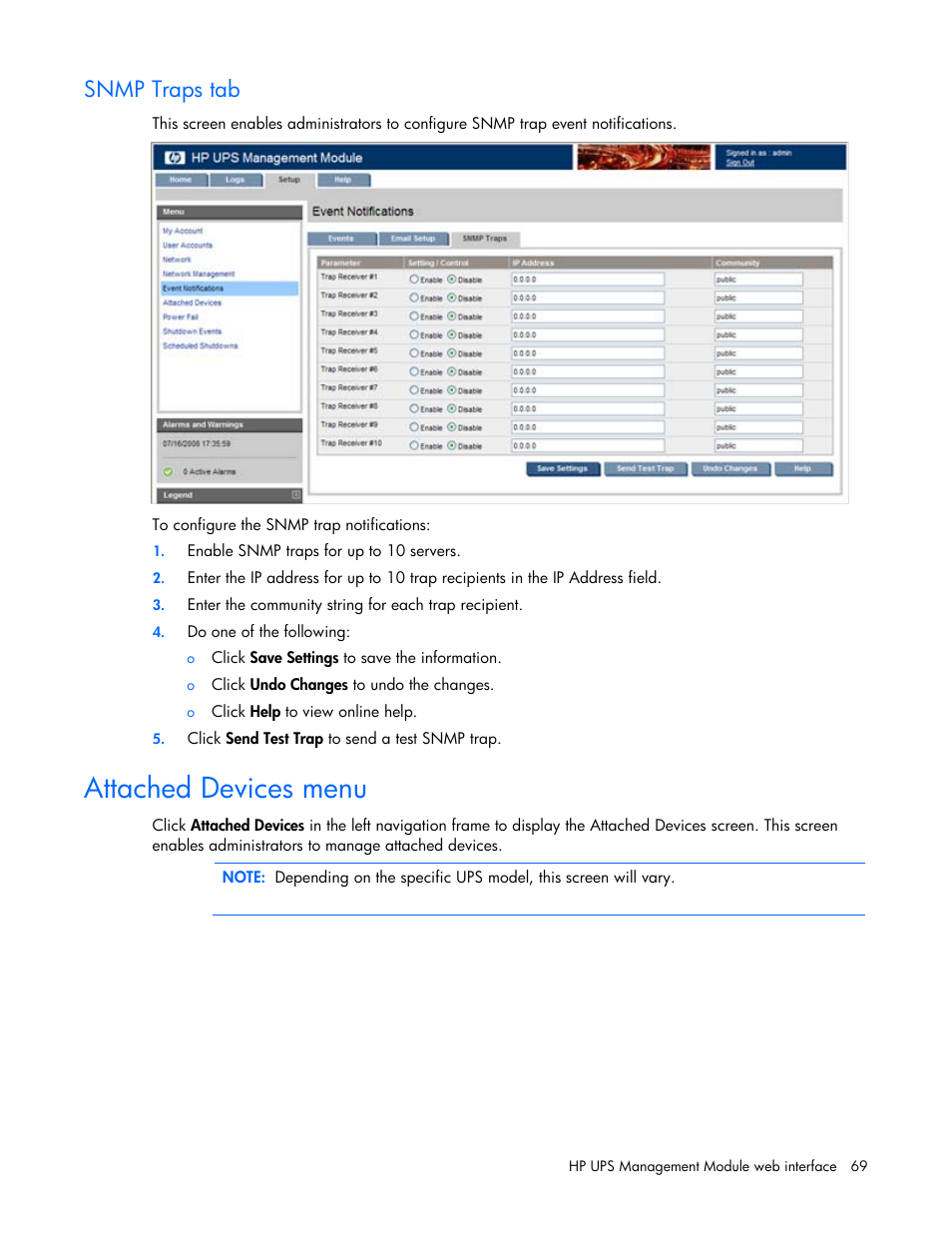Snmp traps tab, Attached devices menu | HP UPS Management Modules User Manual | Page 69 / 133