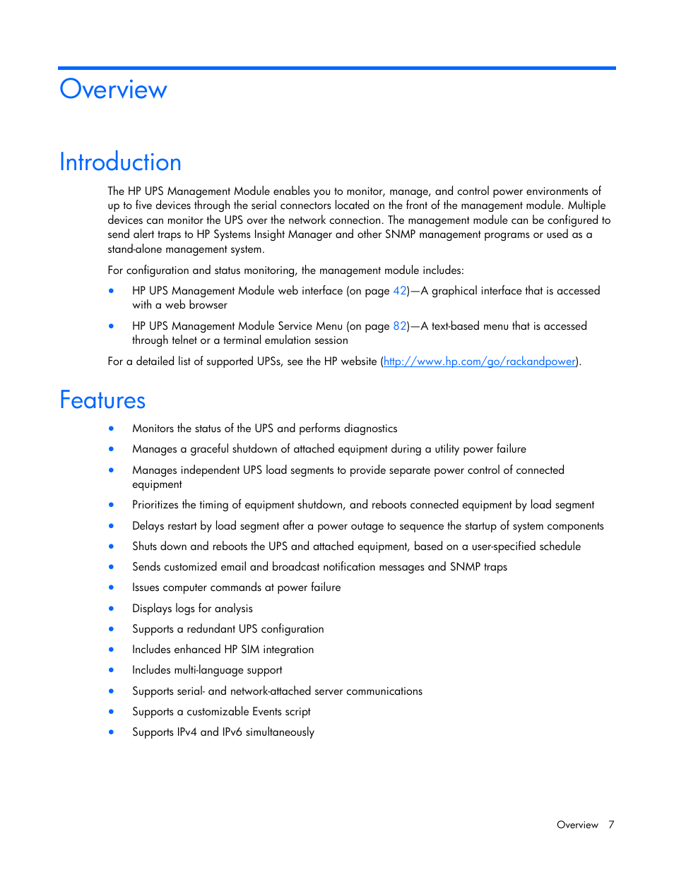 Overview, Introduction, Features | Introduction features | HP UPS Management Modules User Manual | Page 7 / 133
